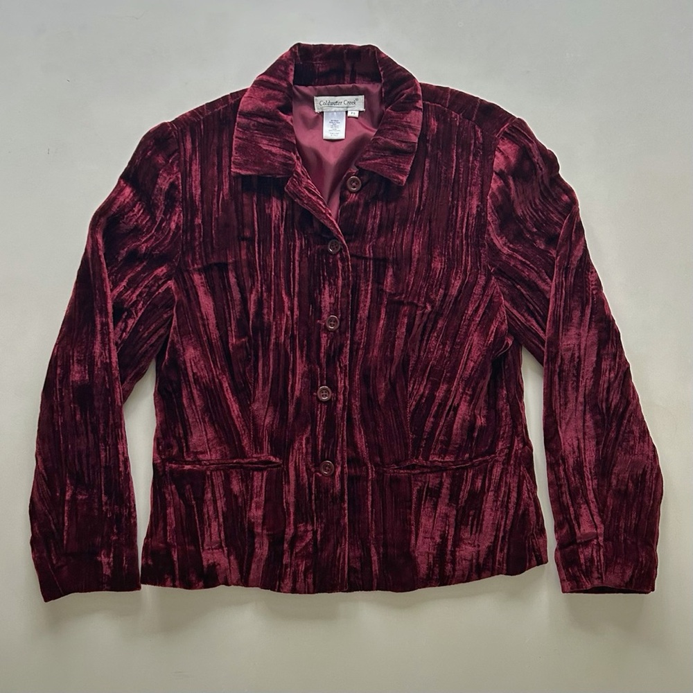 Coldwater Creek Burgundy Velvet Shacket Button Up Shirt Jacket Petite Small PS